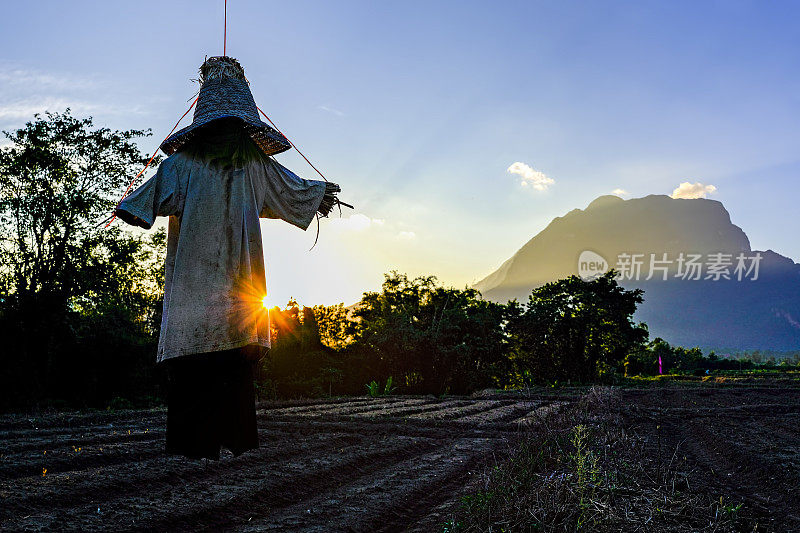 泰国北部的清岛，夕阳透过一个稻草人，背景是Doi Luang山。